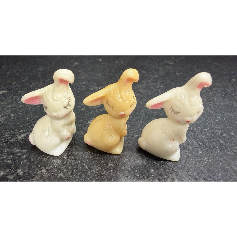 Vintage 60s Hong Kong Hard Plastic Easter Bunny Family 1.5" Figurines Set of 3